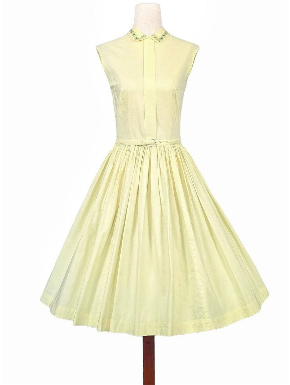 1950s Vintage Dress 50s Fit & Flare Summer Midi Pale Yellow Matching Belt XS